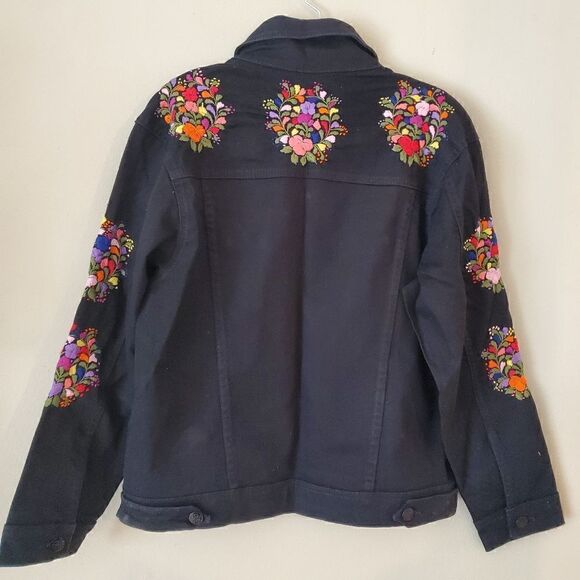 Women's Embroidered Denim Jacket Black Size Medium Western Art To Wear - Picture 8 of 9